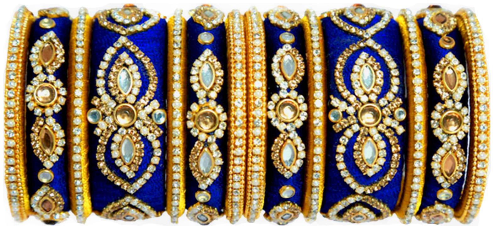 

Blue jays hub silk thread bangles navy blue and gold color set of 14