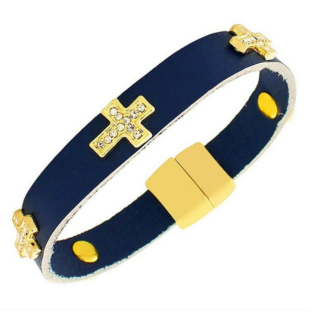 

Blue Leather Yellow Gold White Crystals Cross Religious Wristband Wrap Bracelet