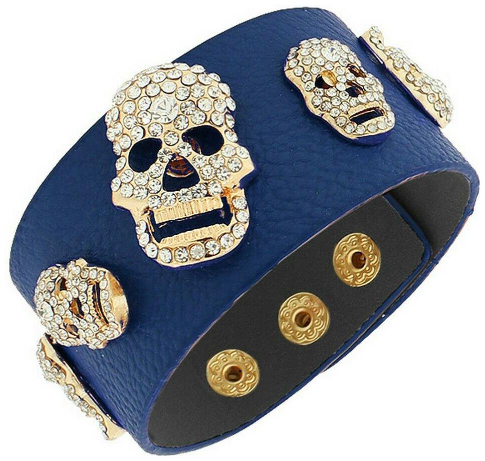 

Blue Leather Gold Tone Fashion Scull Crystals CZ Womens Wristband Bracelet