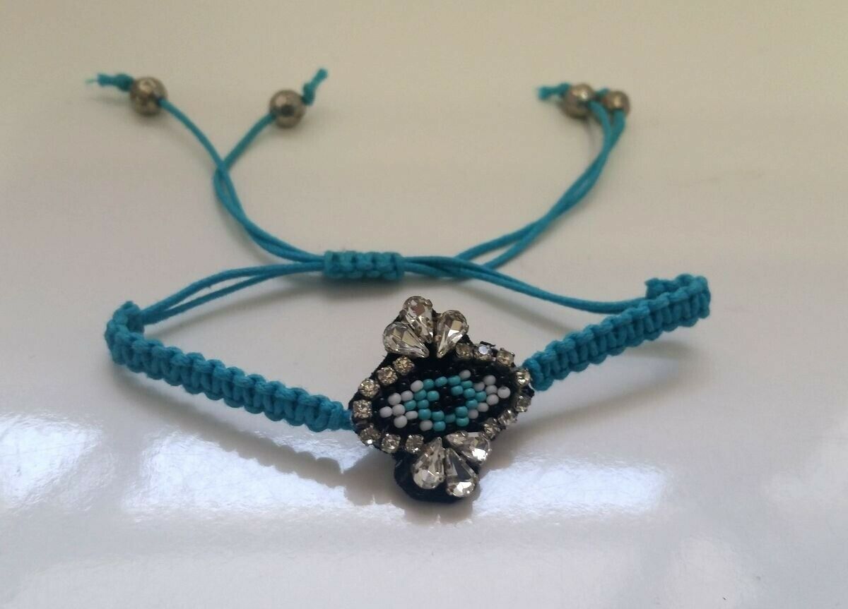 

BLUE wax cord beaded Wicker Adjustable Bracelet with evil eye N15-8 22