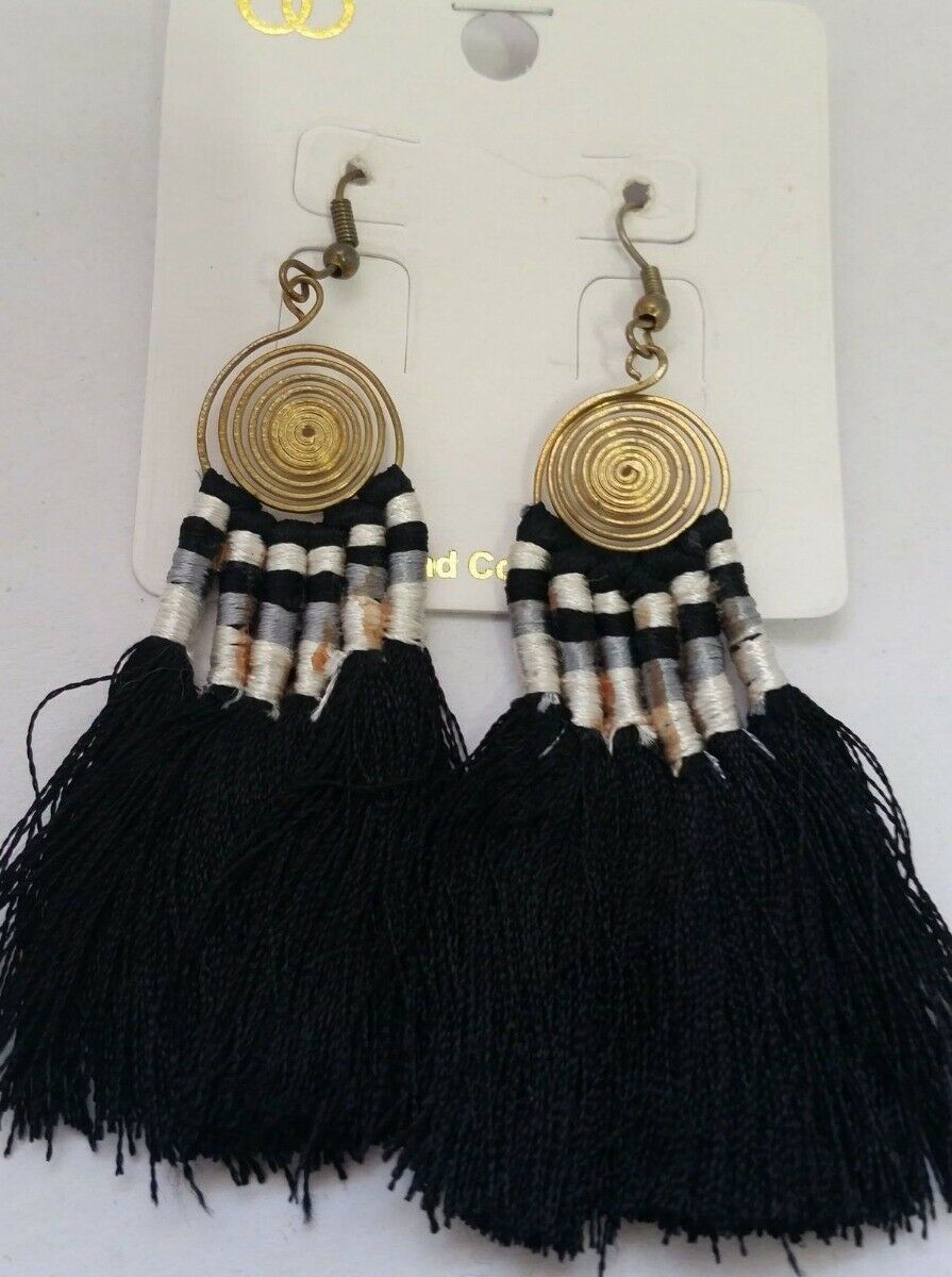 

Bohemian Style Drop Earrings BLACK Silk Tassel Golden metal spiral Z1A-3 22