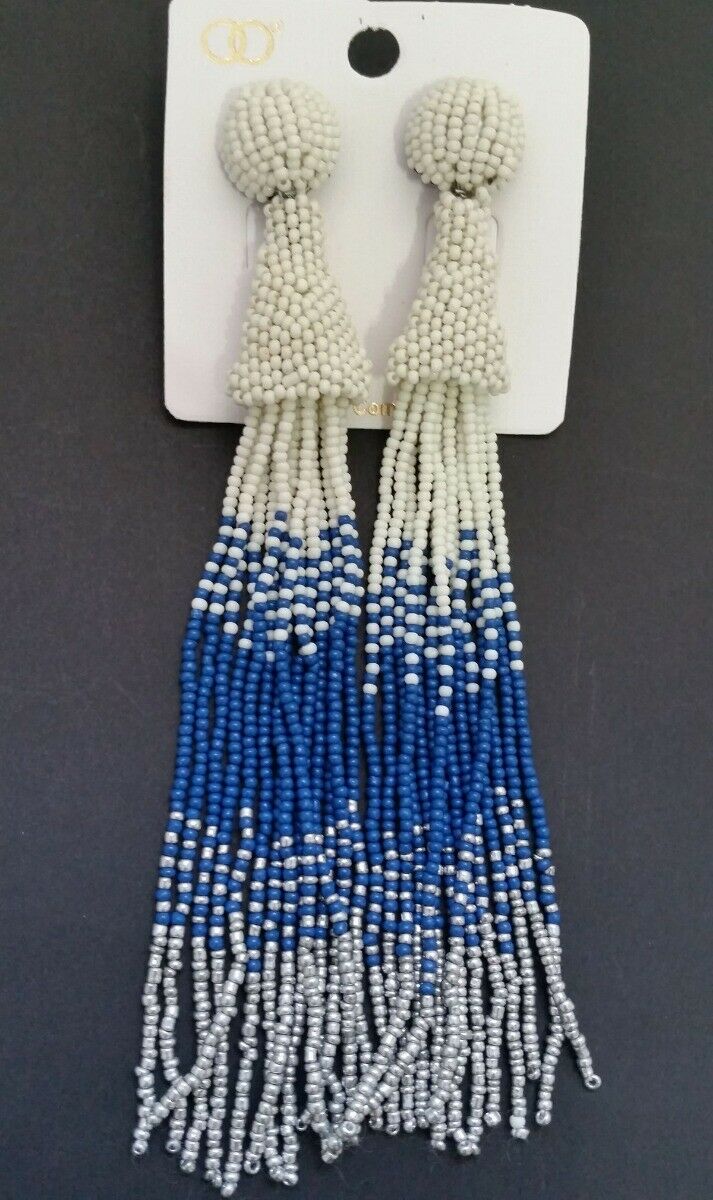 

Boho Beaded Long 5 5 Tassel Fringe Earrings White-Blue - Silver India Z3-4 22