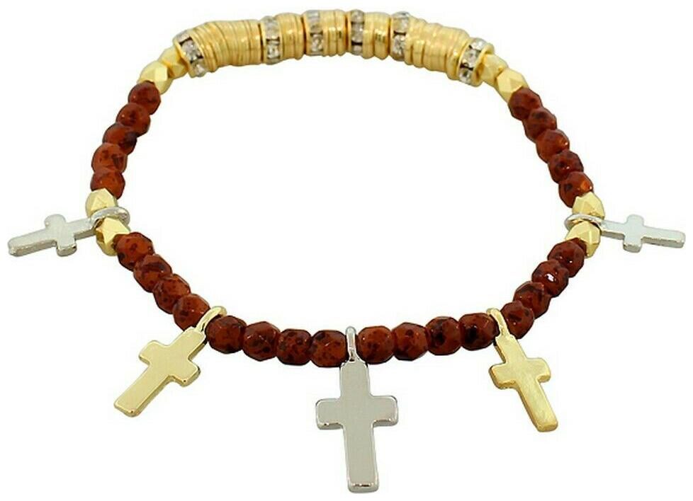 

Brown Gold Silver Latin Cross Religious Stretch Beaded Womens Bangle Bracelet