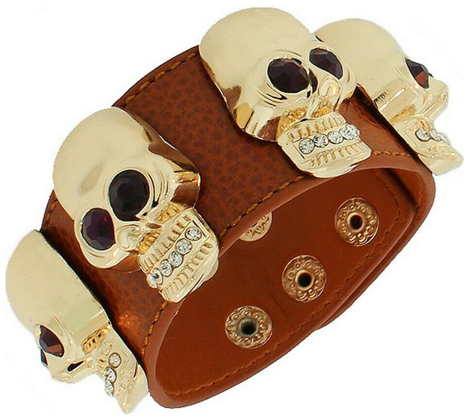 

Brown Leather Gold Tone Fashion Scull Crystals CZ Womens Wristband Bracelet