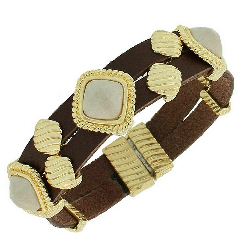 

Brown Leather Yellow Gold Tone White Gem Stones Womens Wristband Bracelet