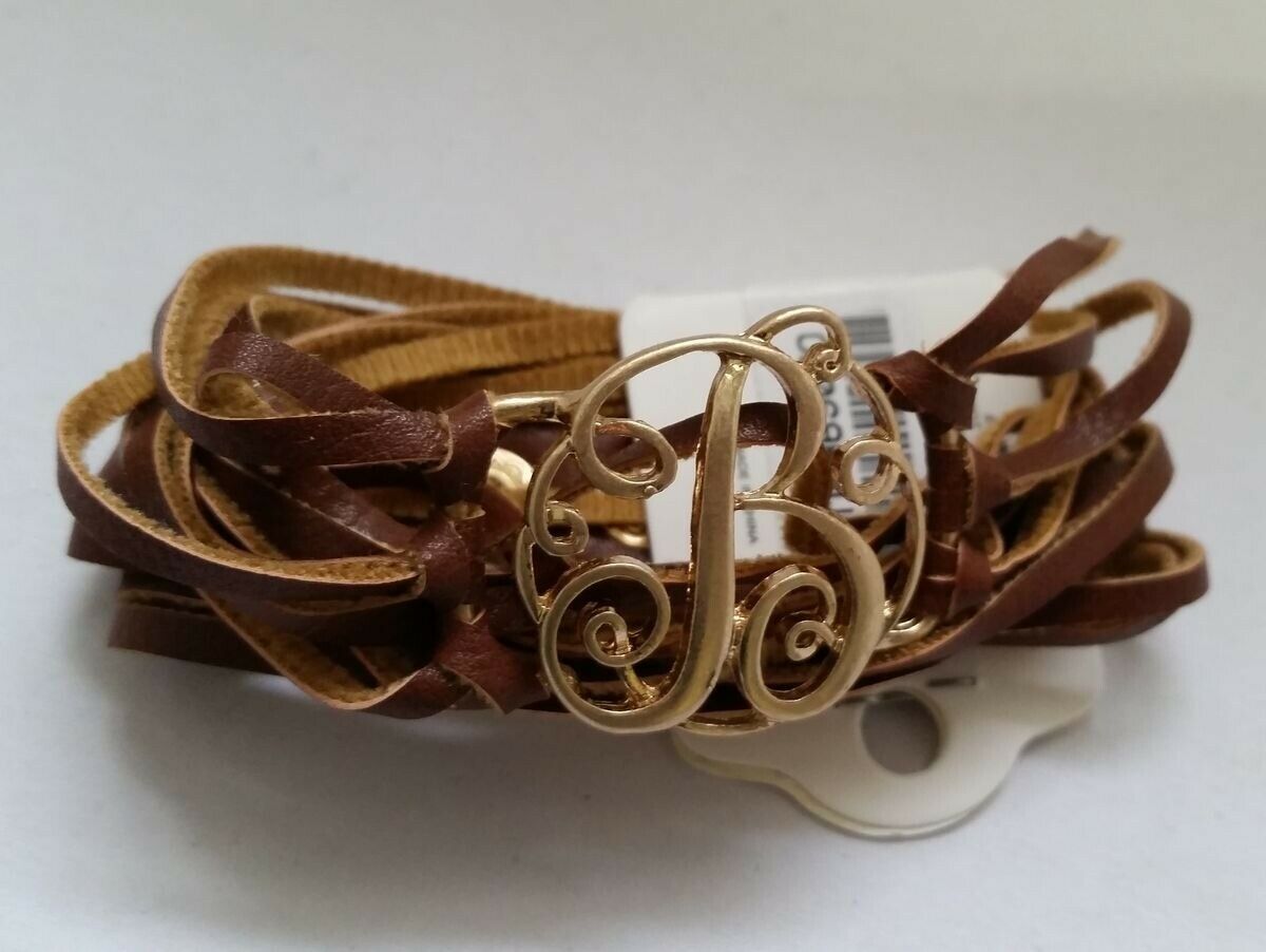 

Brown Slashed Faux Leather Bracelet w gold-tone Letter B Z05-19 22