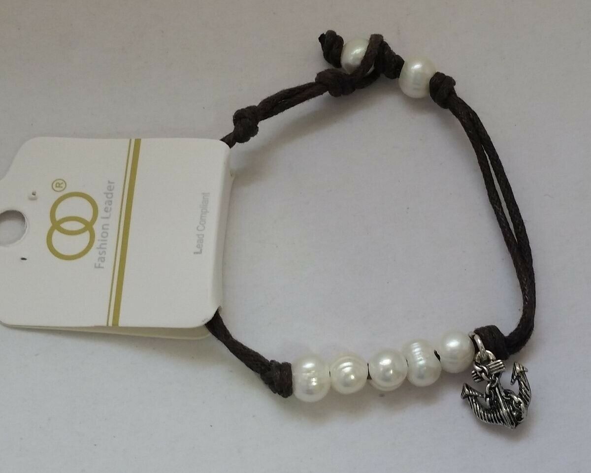 

BROWN wax cord PEARL beads silver-tone metal Anchor charm Bracelet N23-5 22
