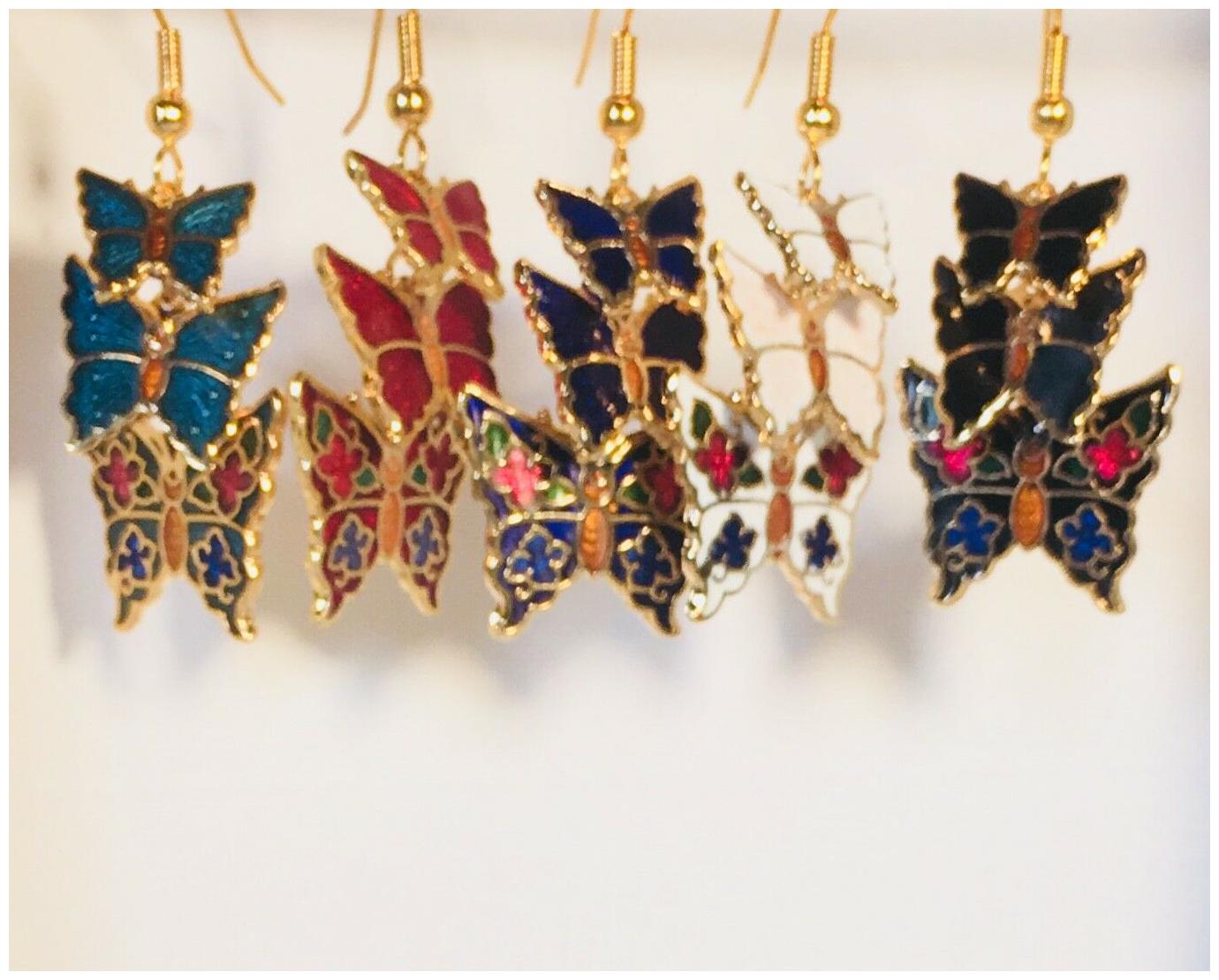 

BUTTERFLY Dangle Earrings Stefano Vintage Cloisonne Gold Plate Factory Prices
