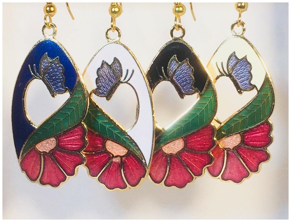 

Butterfly Dangle Earrings Stefano Vintage new Cloisonne Gold Plate Factory Price