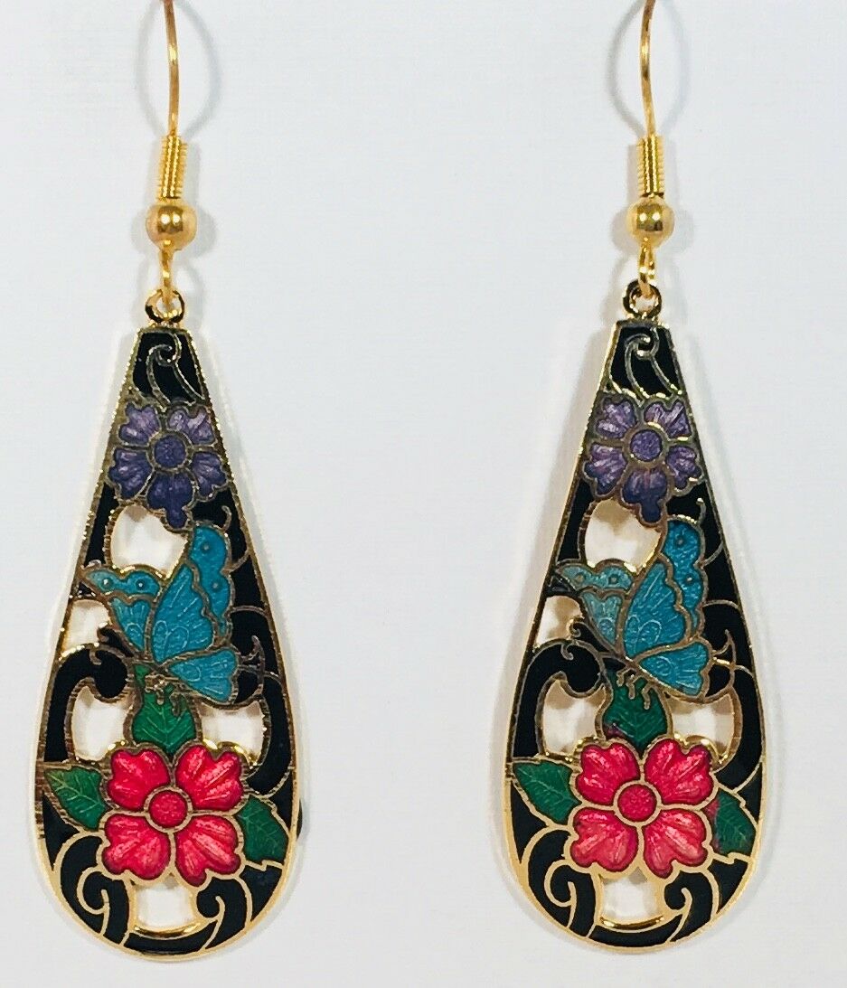 

BUTTERFLY Dangle EARRINGS Stefano Vintage new cloisonne Gold Plate Factory Price