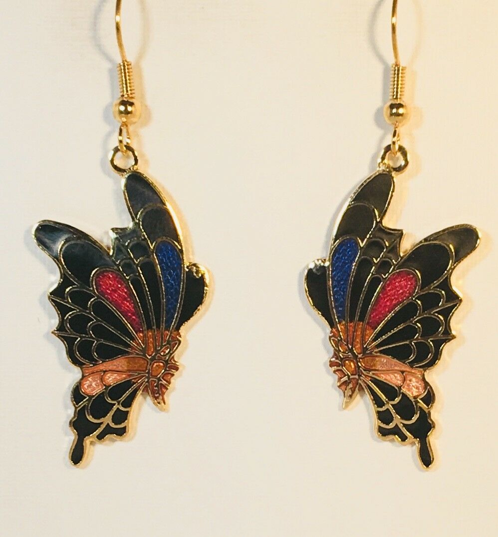 

BUTTERFLY Dangle Earrings Stefano Vintage Cloisonne Gold Plate Factory Prices