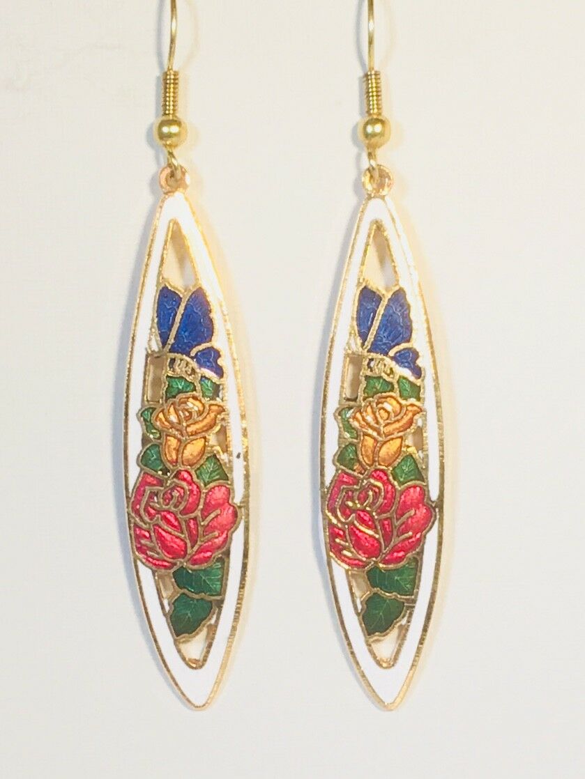 

BUTTERFLY FLOWERS EARRINGS(dangle) cloisonne red black white blue Gold Plate