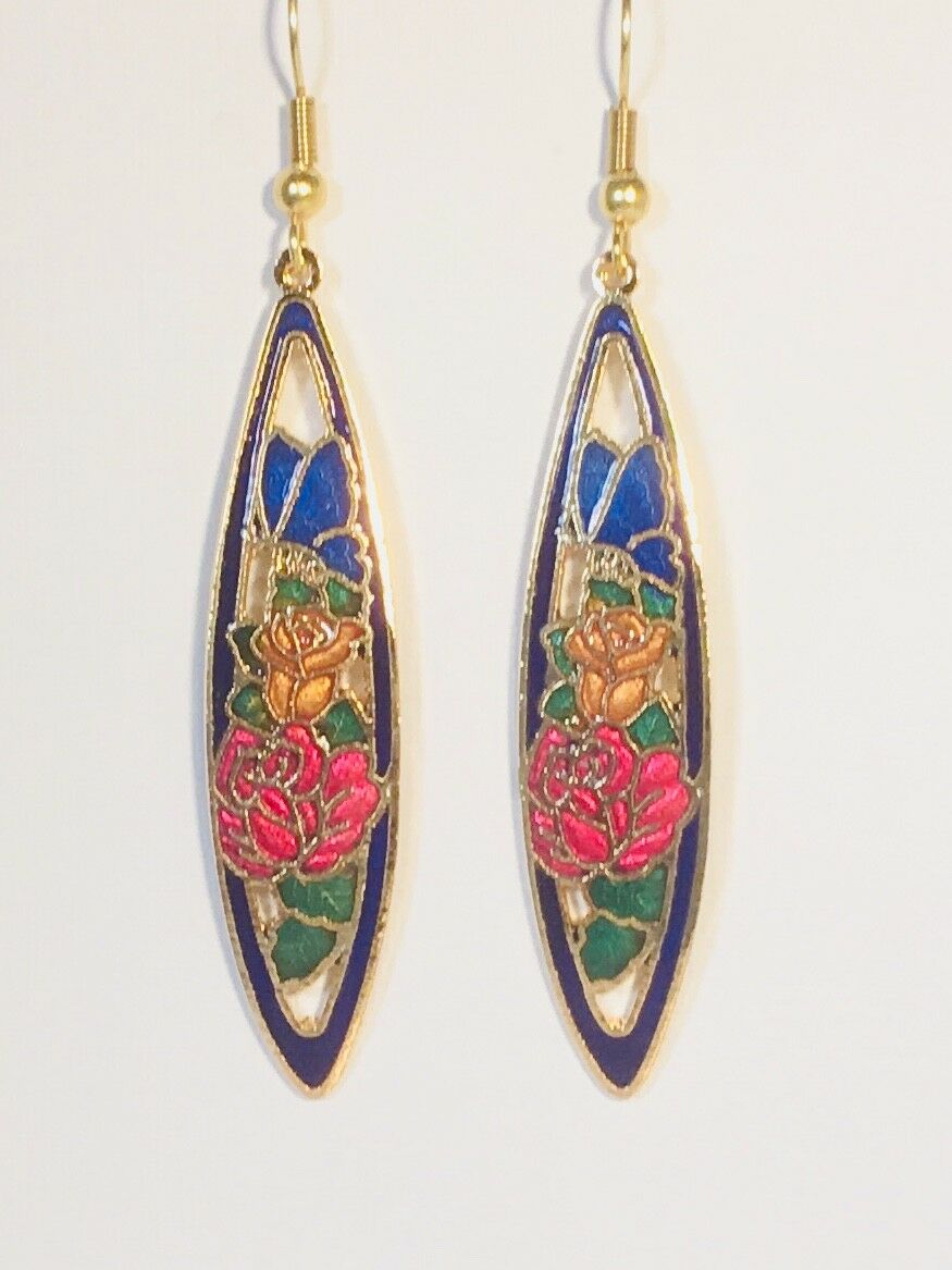 

BUTTERFLY FLOWERS EARRINGS(dangle) cloisonne red black white blue Gold Plate