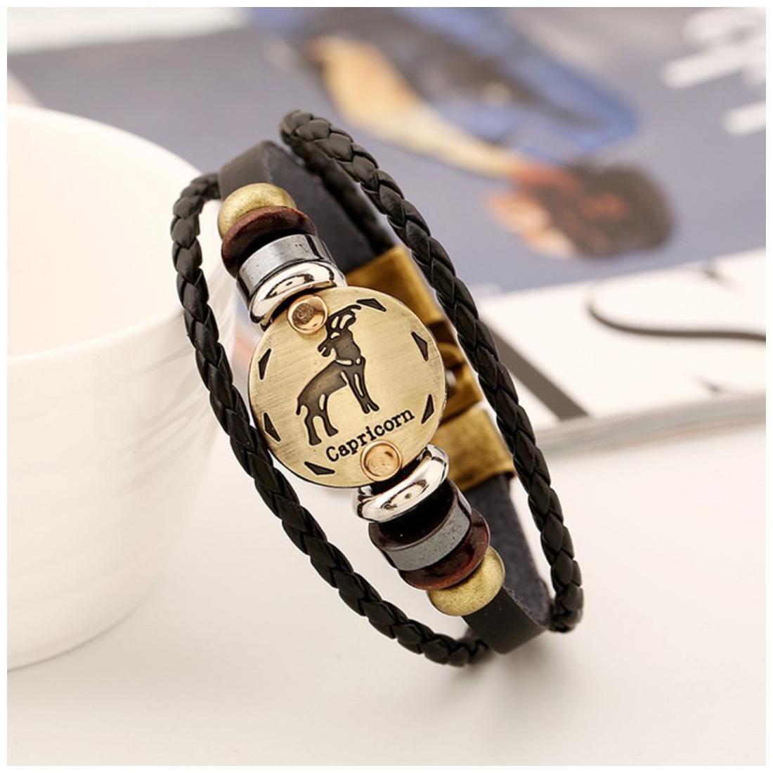 

Capricorn Zodiac Black Leather Unisex Bracelet (J011)