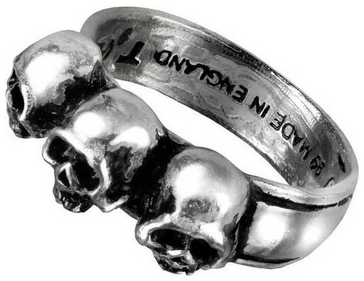 

Caput Mortum 3 Death Heads Skulls Pewter Ring Band Alchemy Gothic R72 Unisex