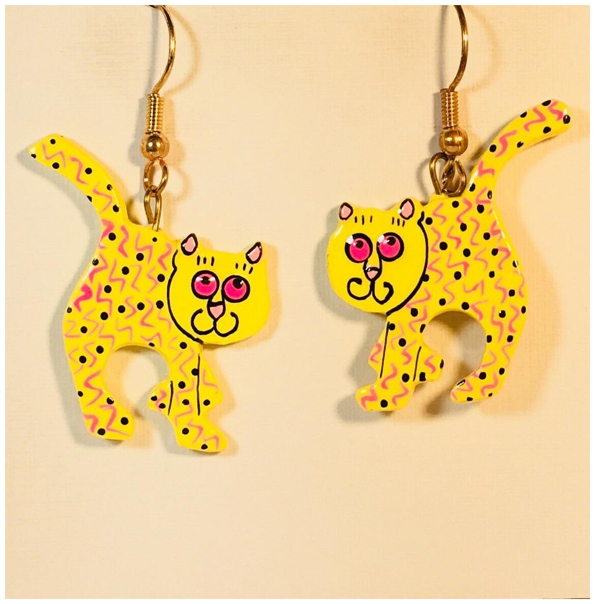 

CAT DANGLE EARRINGS L BURCH Theme Bali Handmade green yellow pink blue RARE