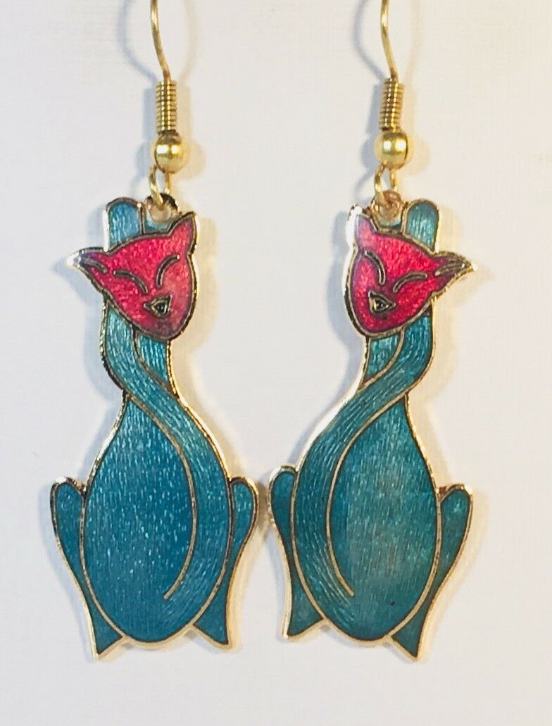 

CAT Dangle Earrings Stefano Vintage new Cloisonne Gold Plate Factory Direct
