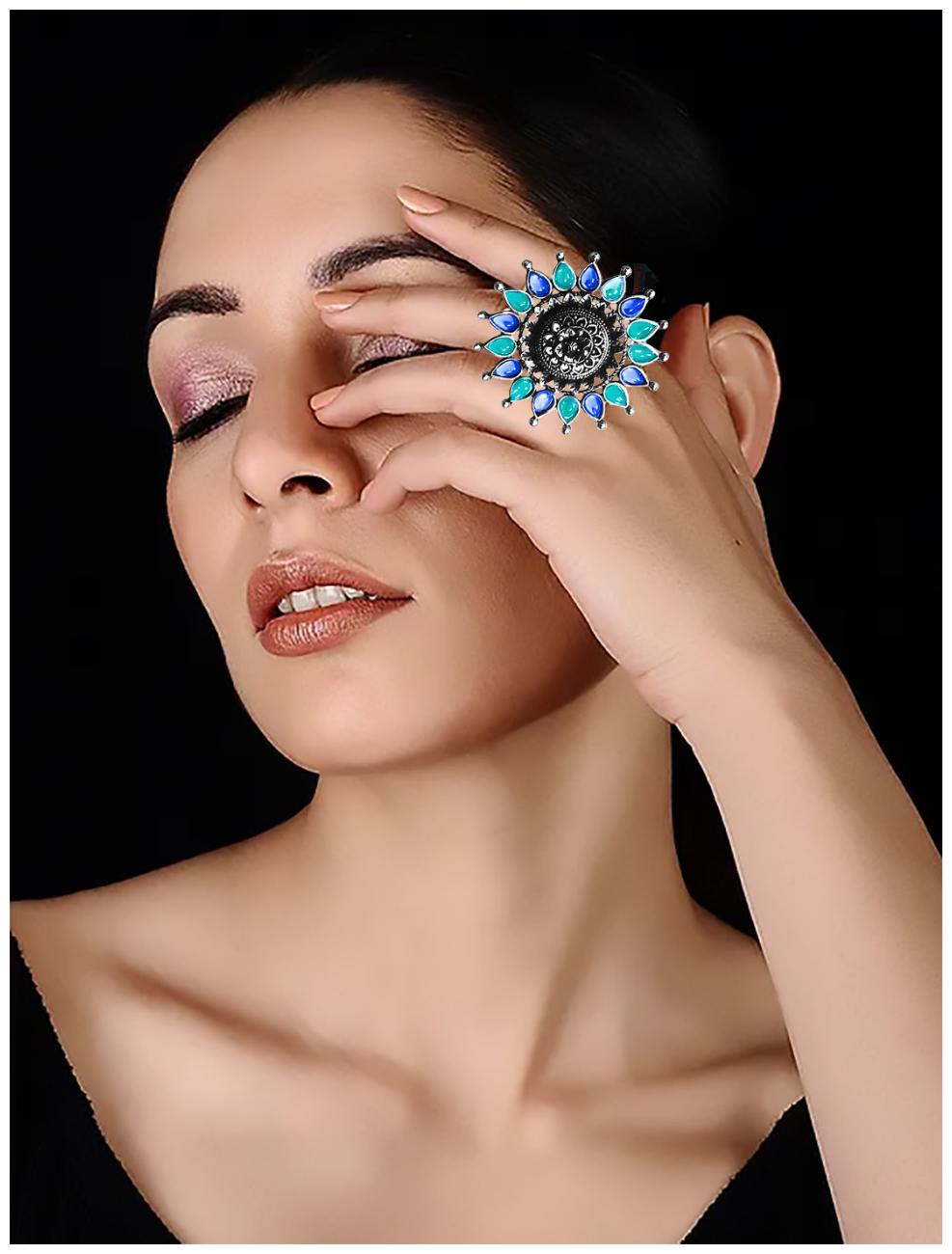 

Cemaya Oxidised Silver Stone studded ring for women