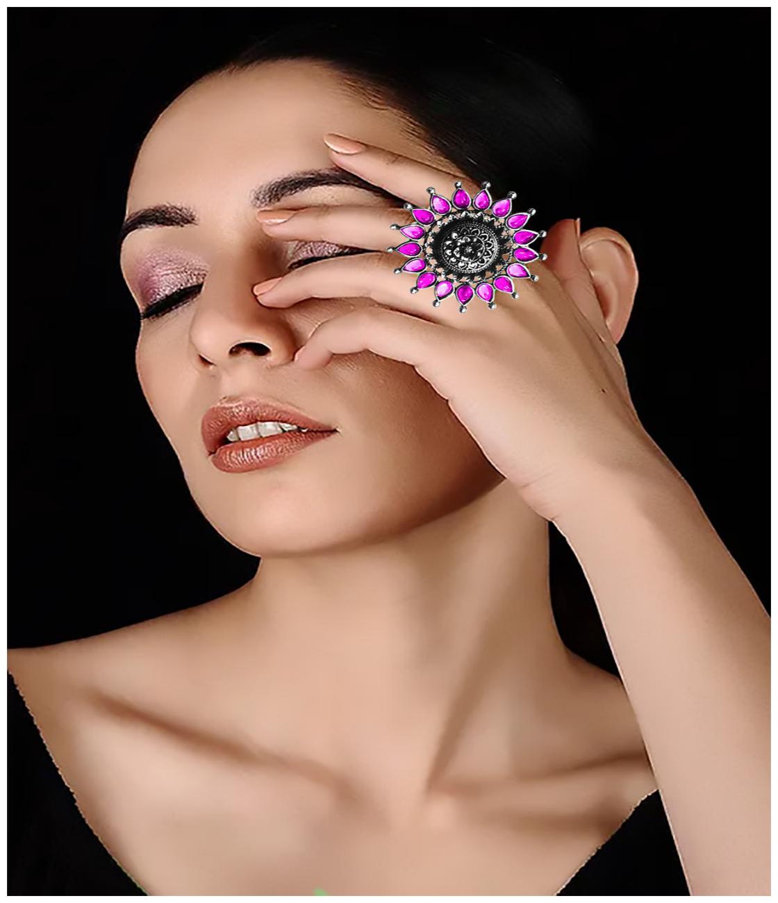 

Cemaya Oxidised Silver Stone studded Ring for women