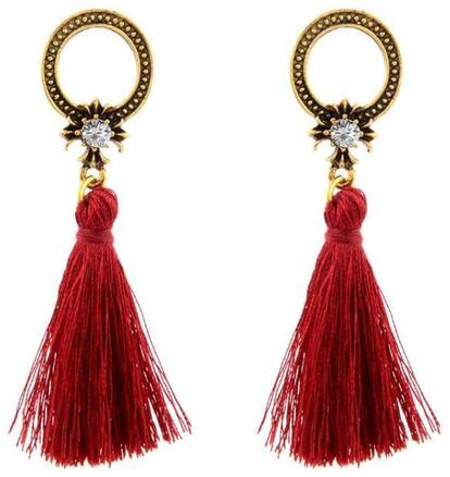 Chandrabali Stone Studded Maroon Thread Tassel Party Earrings
