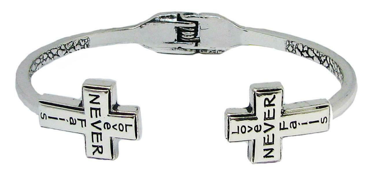 

Christian Cross Silver Hinged Cuff Bangle Bracelet Choose from 10 Statements