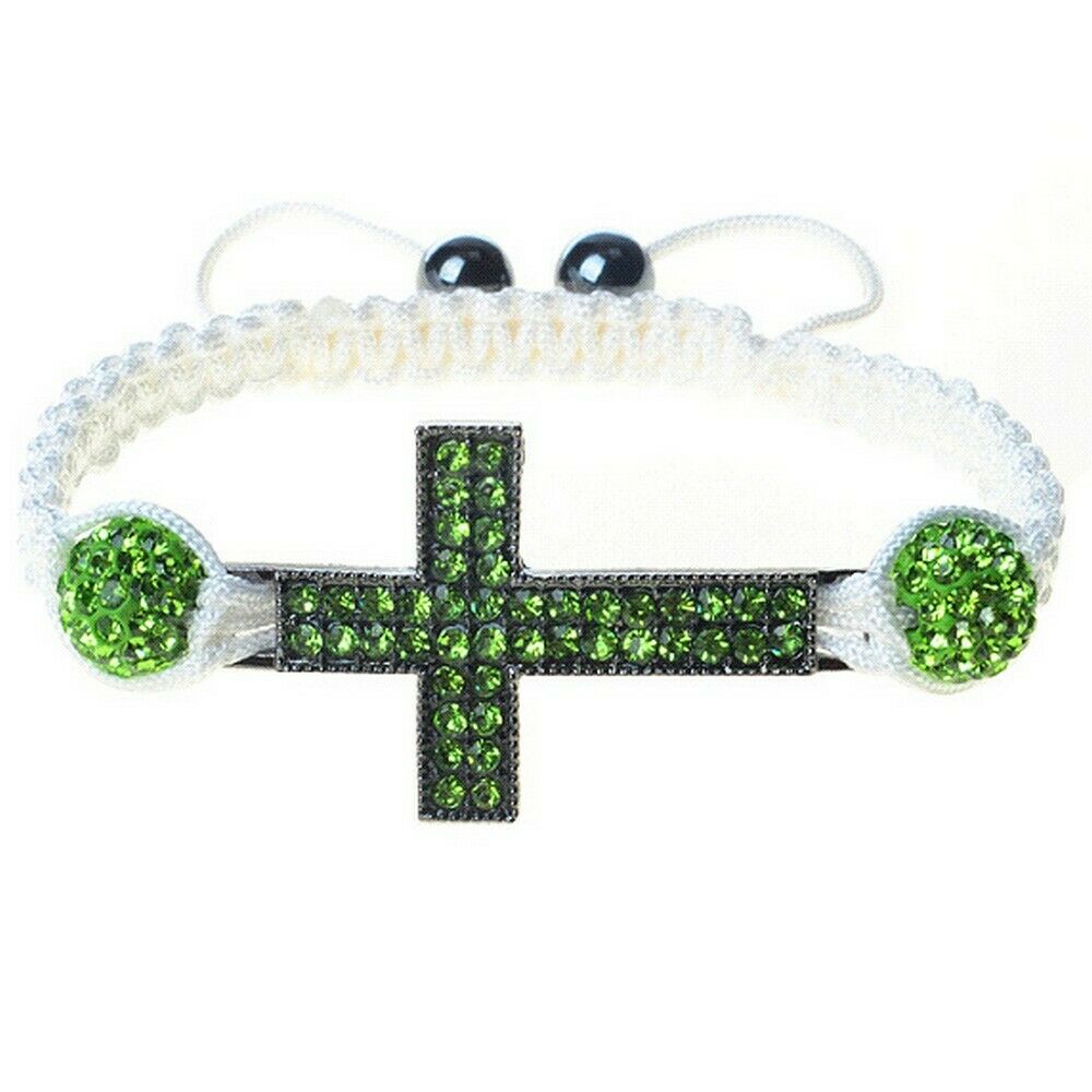 

Chrome Cross Green Crystals White Cord Macrame Beaded Adjustable Bracelet