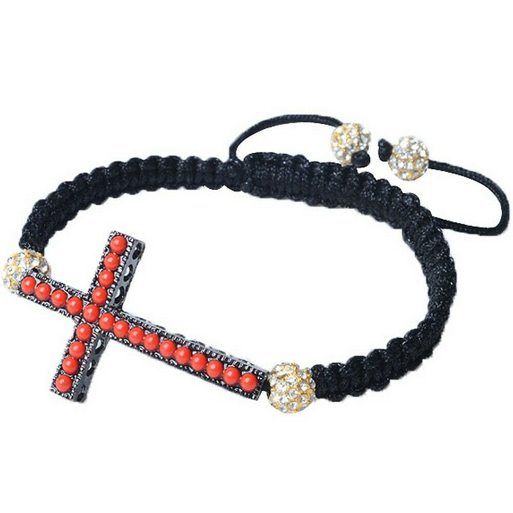

Chrome Tone Cross Red Gem Stones Beaded Adjustable Macrame Unisex Bracelet