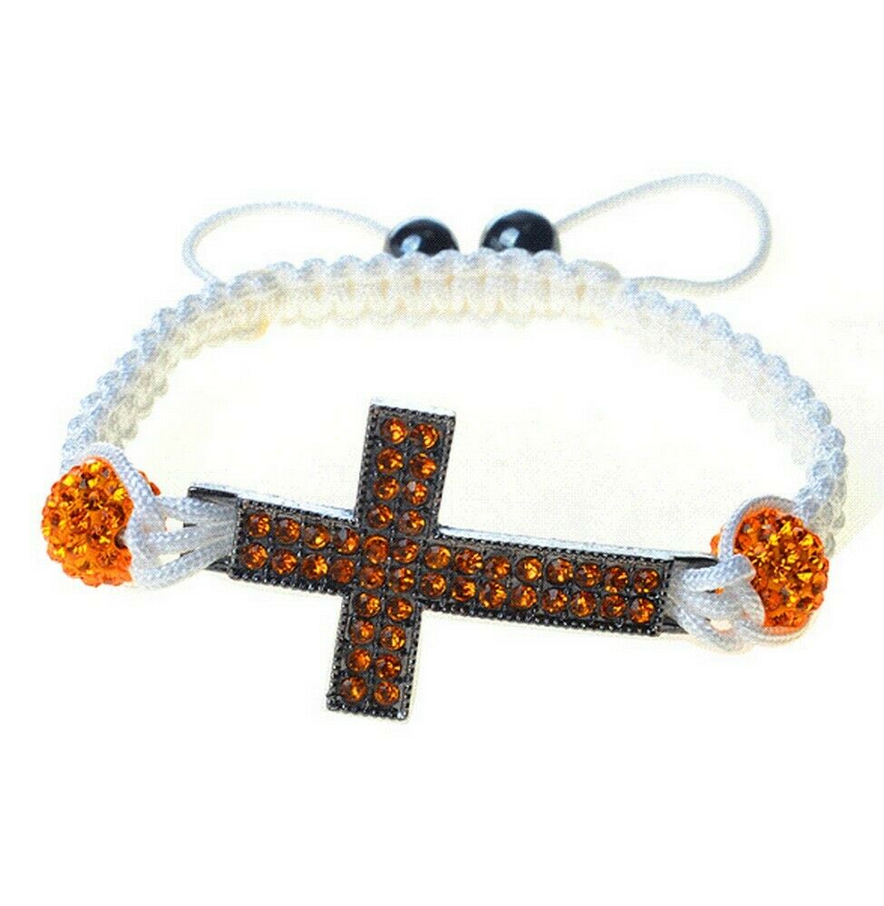 

Chrome Tone Cross Orangle Crystals White Cord Macrame Beaded Adjustable Bracelet