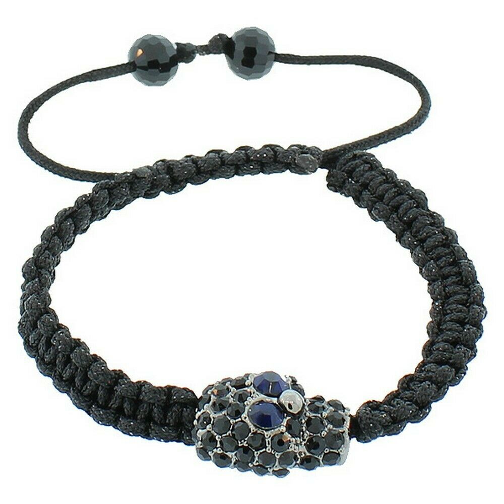 

Chrome Tone Black Blue Crystals CZ Skull Beaded Adjustable Macrame Bracelet
