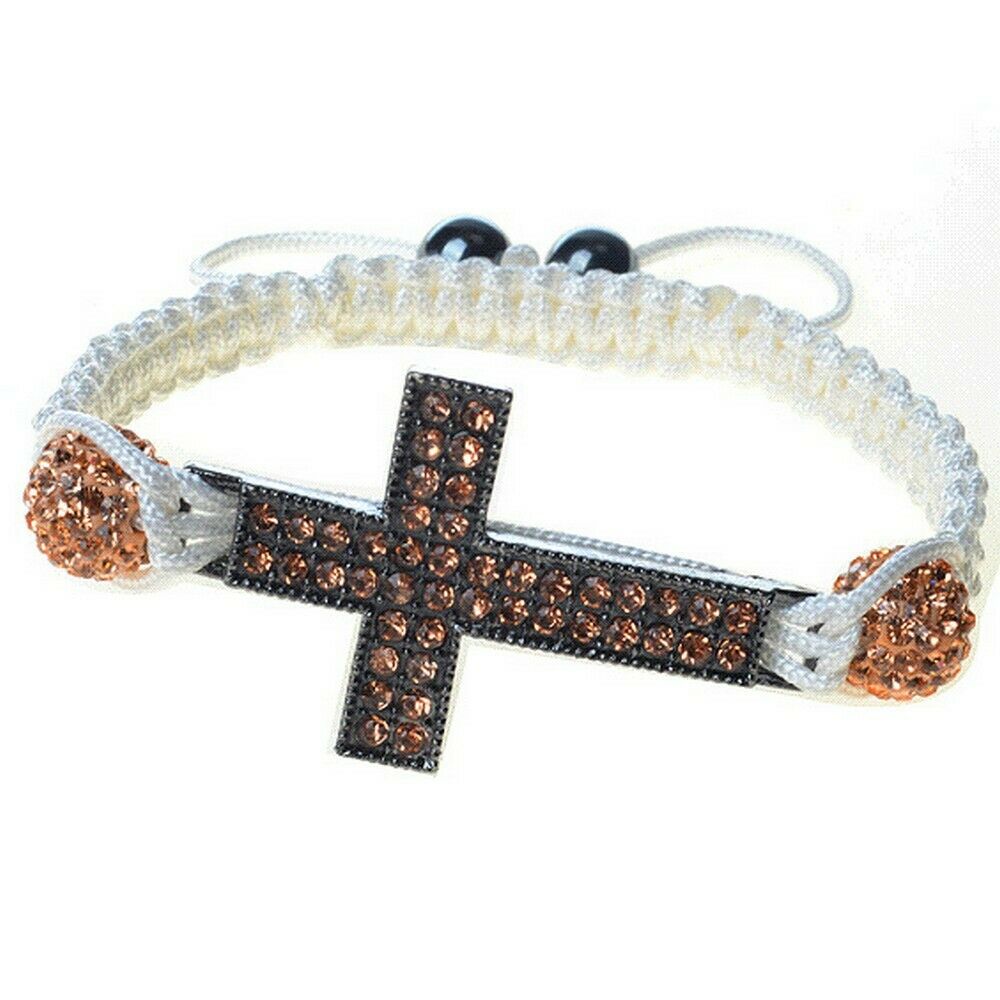 

Chrome Tone Cross Rose Gold Crystals Adjustable Macrame Unisex Bracelet