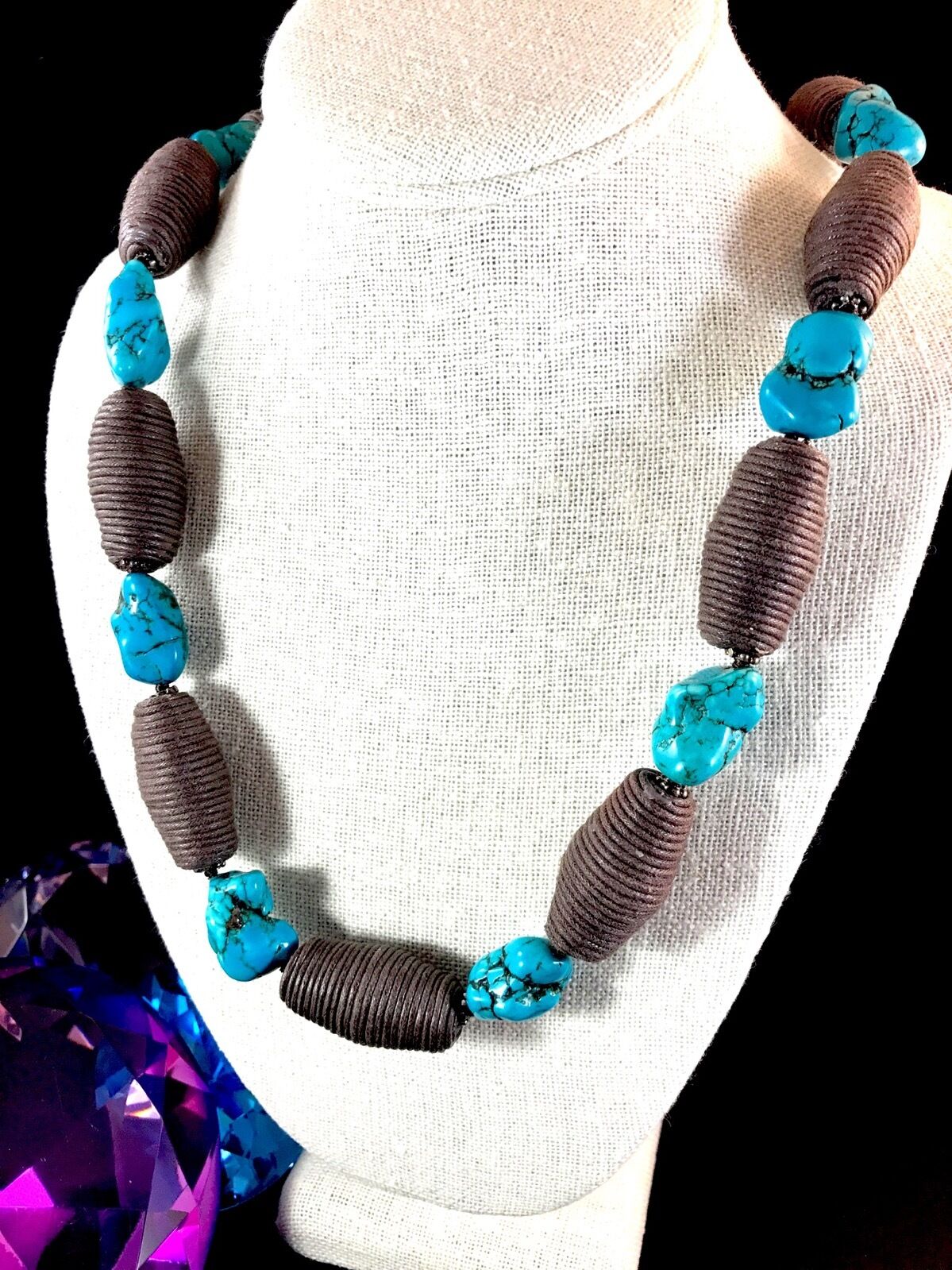 

COLDWATER CREEK LARGE TURQUOISE NUGGET STONE JUTE BEAD SOUTHWESTERN NECKLACE