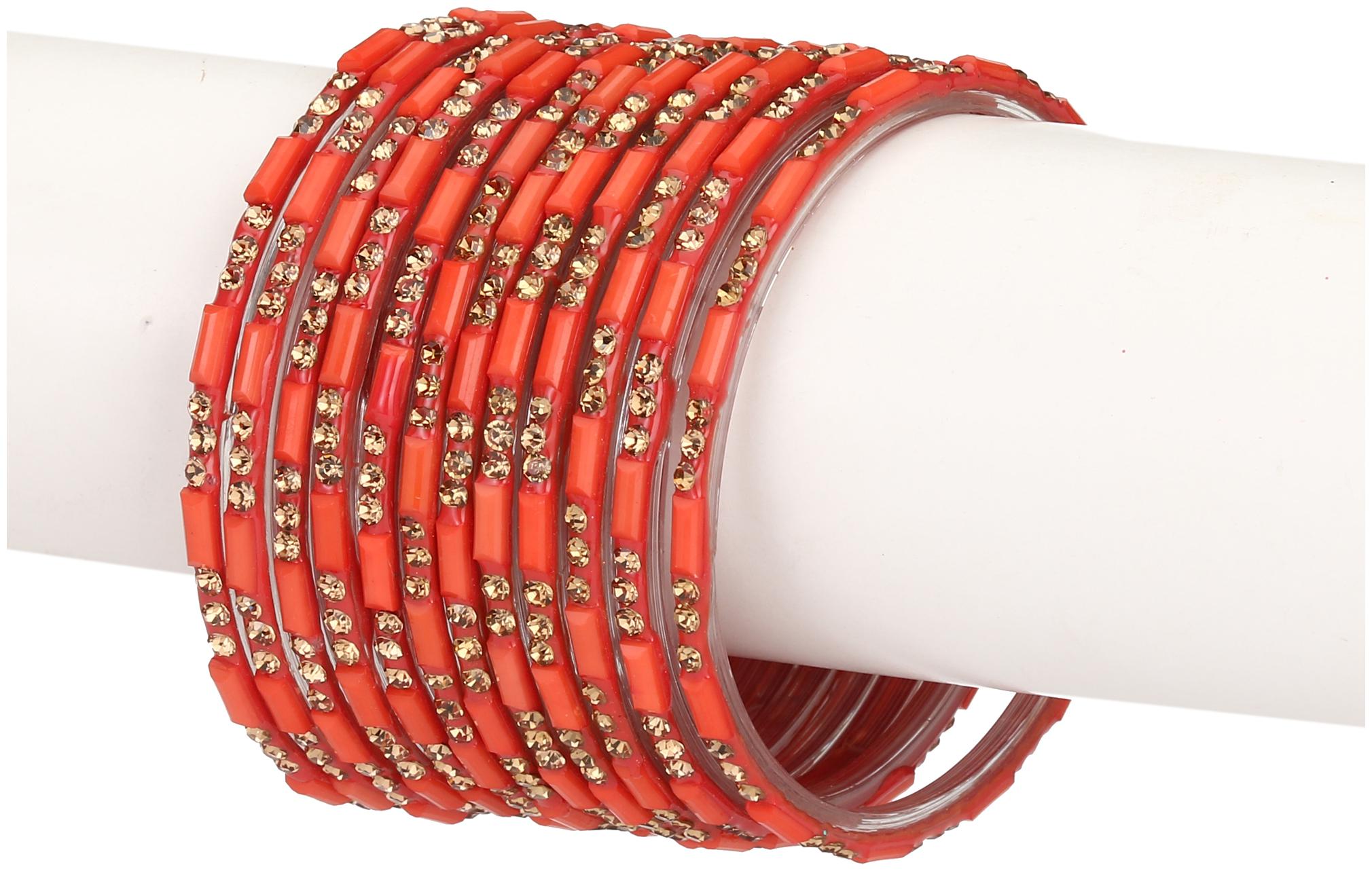 

Colorful Glass Bangle Set Ornamented With Colorful Beads Stones Styles And Trady Set Of Twelve With Safety Box-SB41