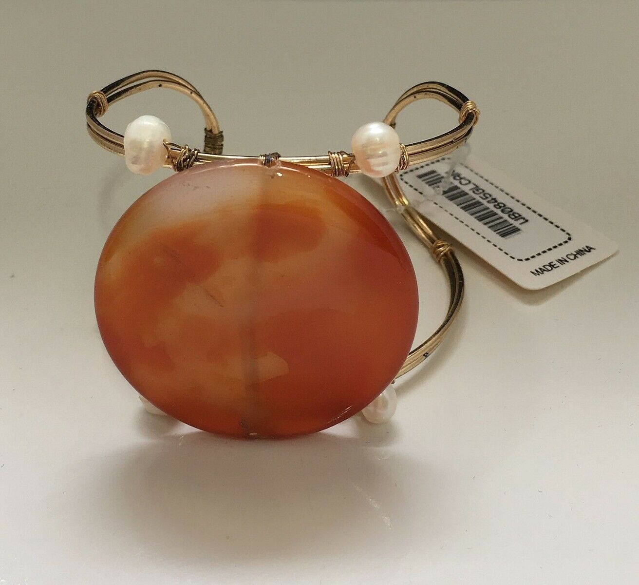 

CORAL STONE PEARL BEADED GOLD METAL CUFF Bracelet J6-4 2