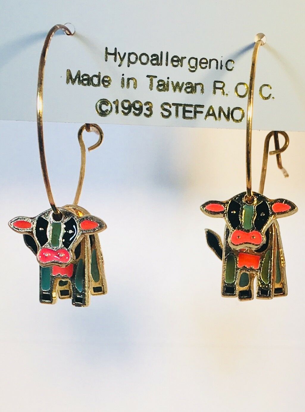 

COW 7 8 HOOP EARRINGS Stefano Vintage new cloisonne gold plate Factory Prices