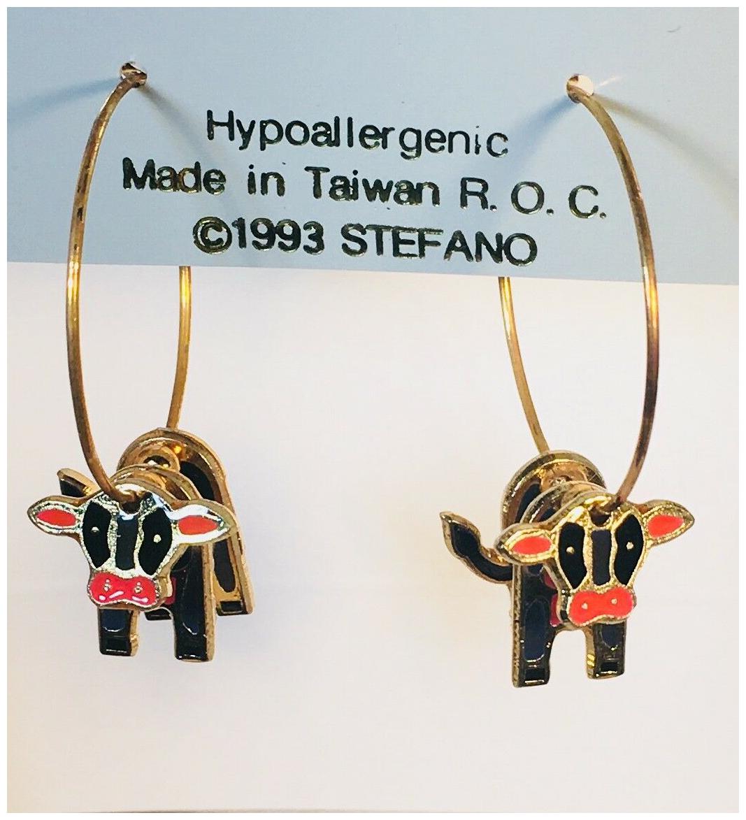 

COW 7 8 HOOP EARRINGS Stefano Vintage new cloisonne gold plate Factory Prices