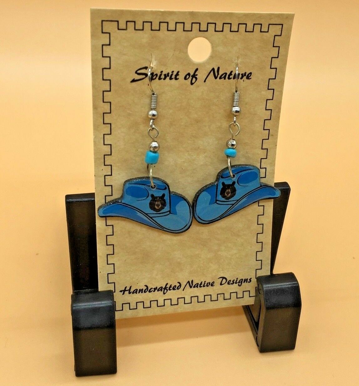 

Cowboy Hat Spirit of Nature Earrings Blue Dangle Bear on Hat French Wire