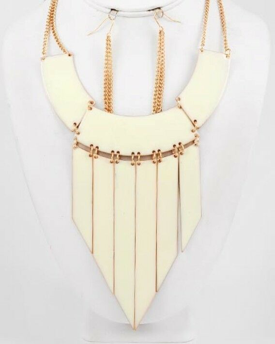 

Cream Abstract Design Metal Bib Necklace Earrings Set Fashion Jewelry