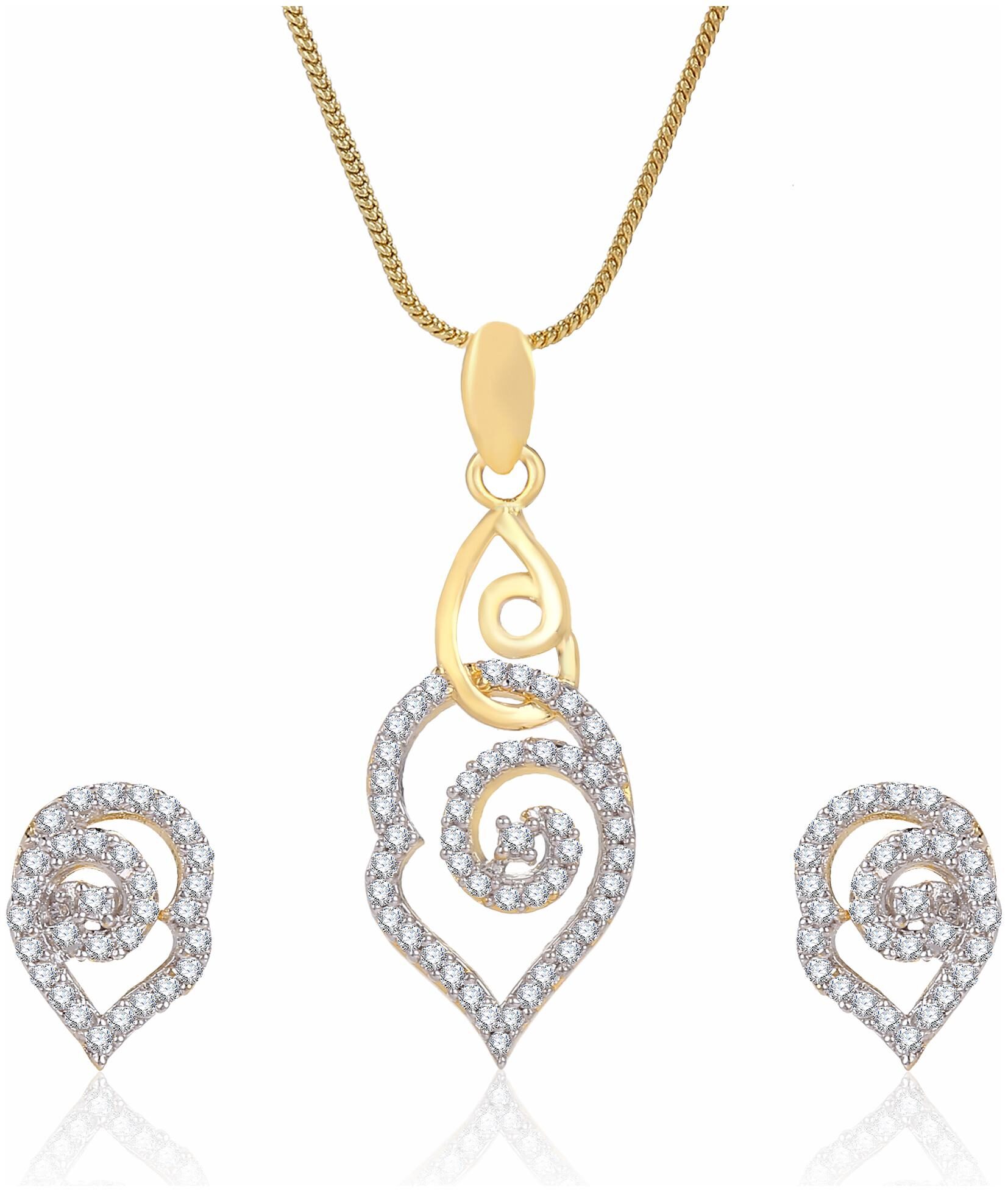

Creation Plaisir Gold Plated Cz Stone Pendant With Chain And Earrings Set For Women And Girls Trendy Imitation Jewellery Designer Pendant Set For Daily Wear Designer Earrings Set For Daily Wear