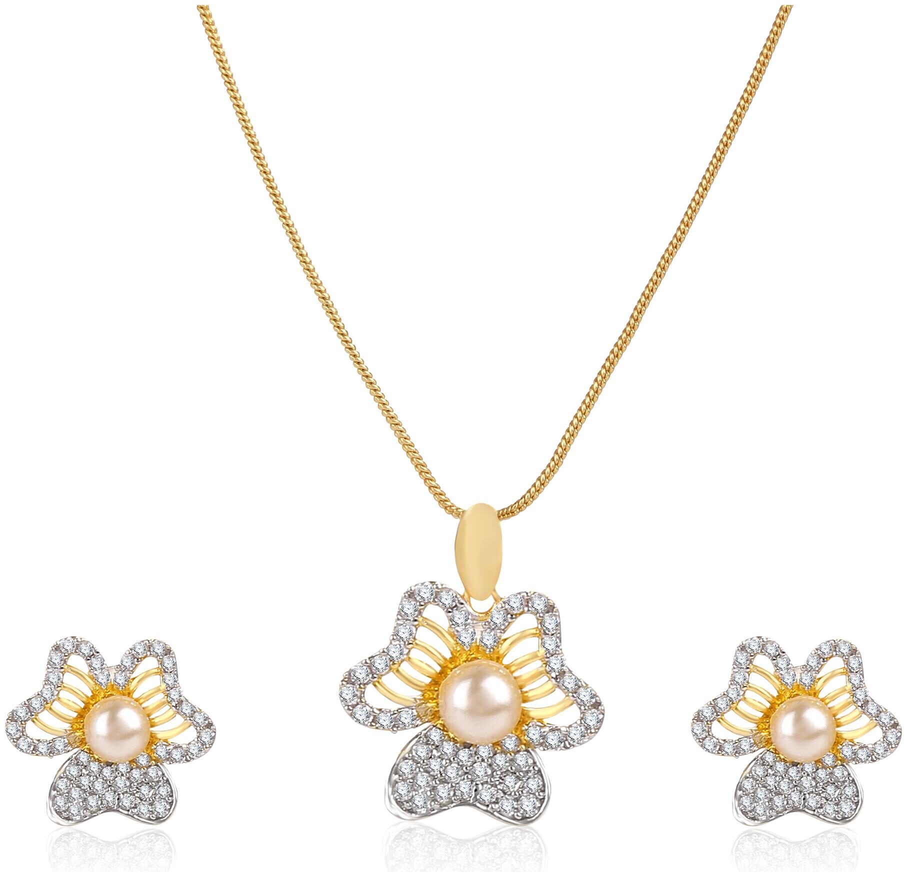 

Creation Plaisir Gold Plated Cz Stone Pendant With Chain And Earrings Set For Women And Girls Trendy Imitation Jewellery Designer Pendant Set For Daily Wear Designer Earrings Set For Daily Wear