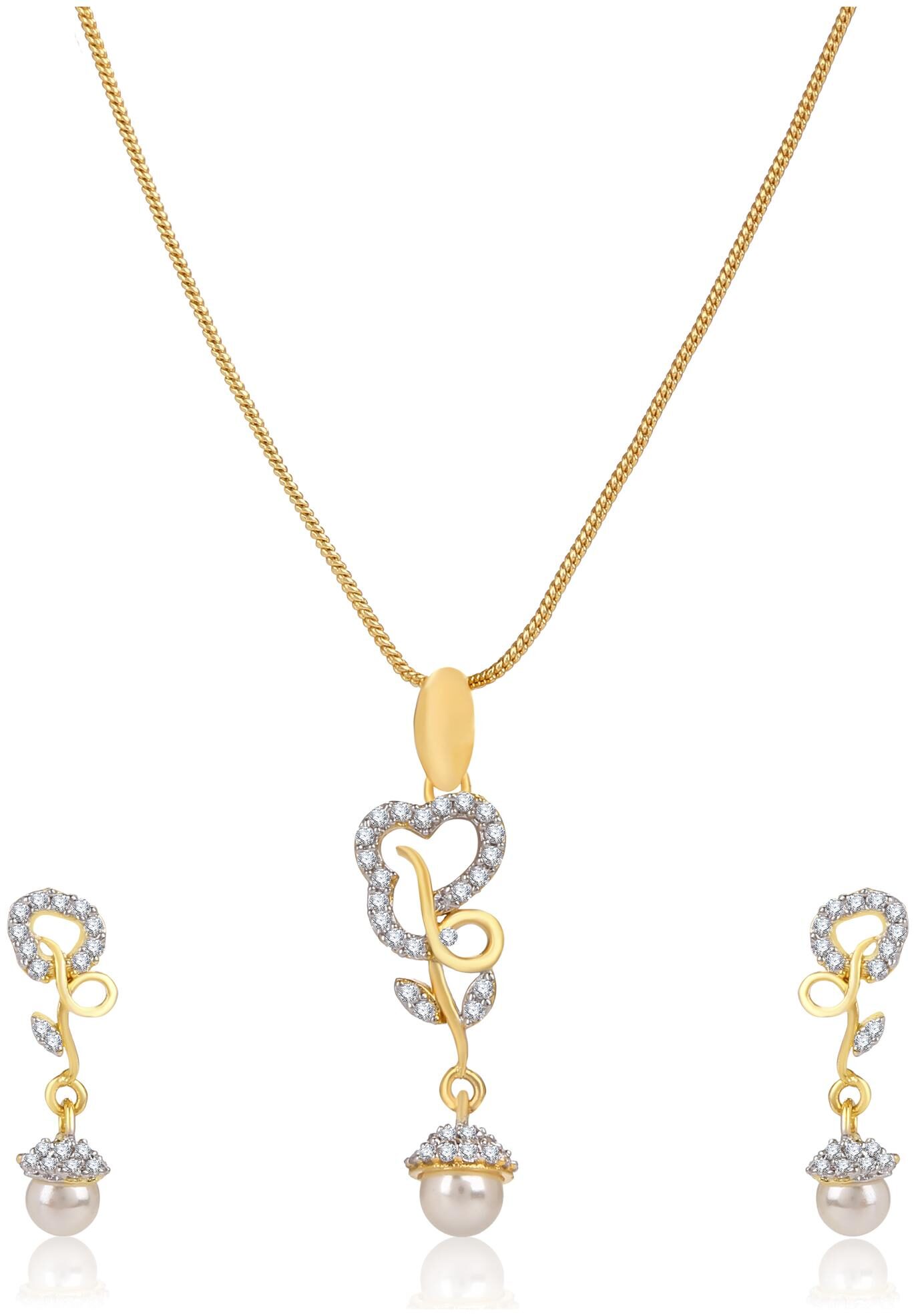 

Creation Plaisir Gold Plated Cz Stone Pendant With Chain And Earrings Set For Women And Girls Trendy Imitation Jewellery Designer Pendant Set For Daily Wear Designer Earrings Set For Daily Wear