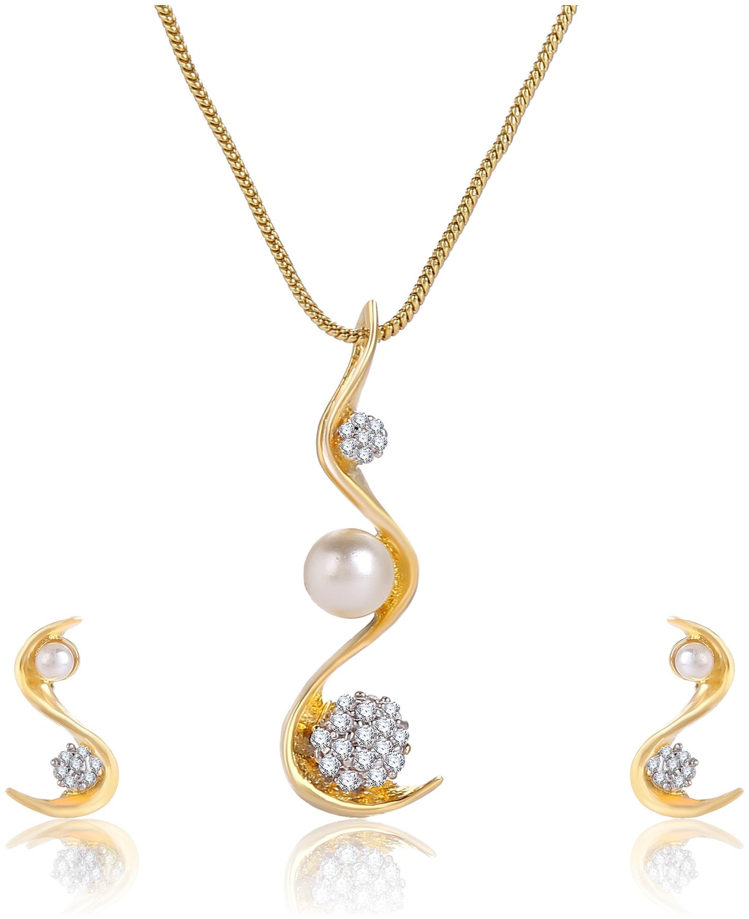 

Creation Plaisir Gold Plated Cz Stone Pendant With Chain And Earrings Set For Women And Girls Trendy Imitation Jewellery Designer Pendant Set For Daily Wear Designer Earrings Set For Daily Wear