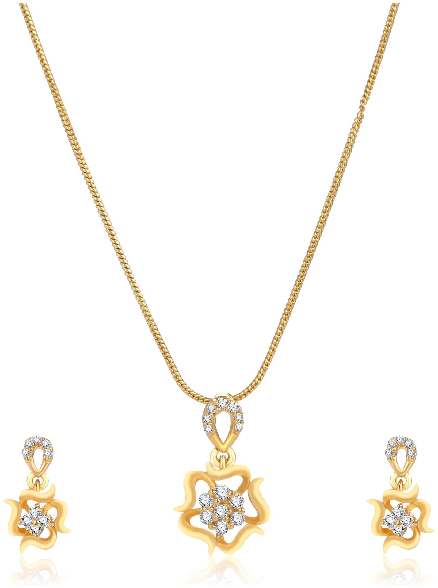 

Creation Plaisir Gold Plated Cz Stone Pendant With Chain And Earrings Set For Women And Girls Trendy Imitation Jewellery Designer Pendant Set For Daily Wear Designer Earrings Set For Daily Wear
