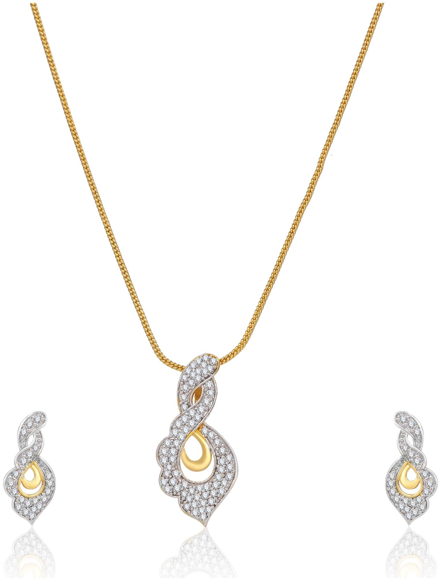 

Creation Plaisir Gold Plated Cz Stone Pendant With Chain And Earrings Set For Women And Girls Trendy Imitation Jewellery Designer Pendant Set For Daily Wear Designer Earrings Set For Daily Wear