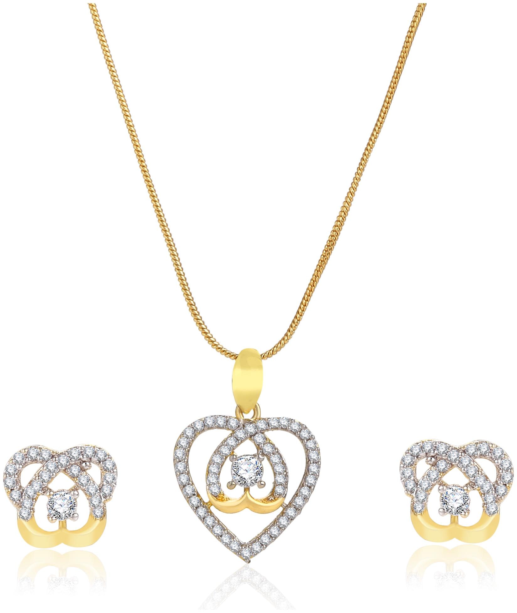 

Creation Plaisir Gold Plated Cz Stone Pendant With Chain And Earrings Set For Women And Girls Trendy Imitation Jewellery Designer Pendant Set For Daily Wear Designer Earrings Set For Daily Wear