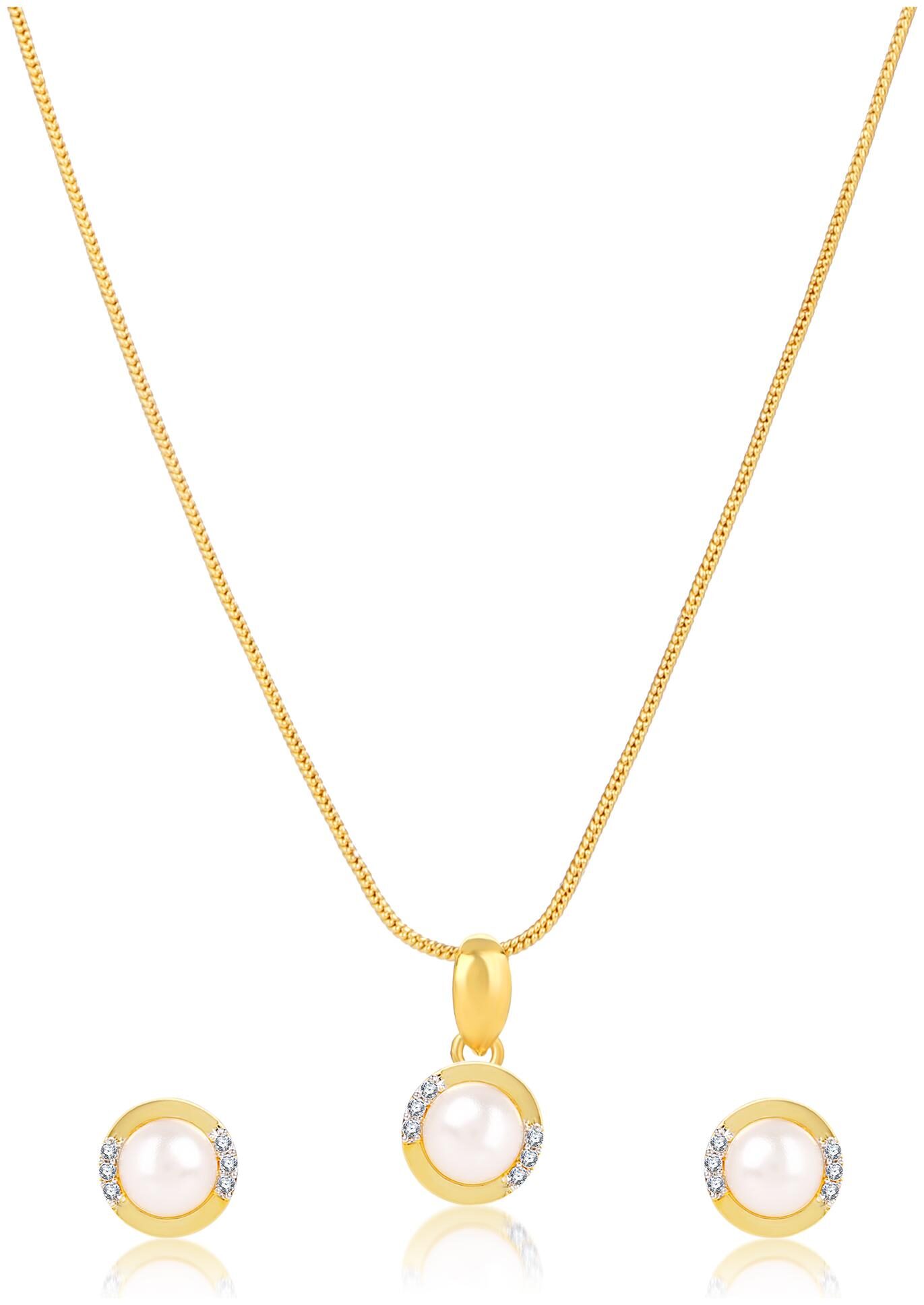 

Creation Plaisir Gold Plated Cz Stone Pendant With Chain And Earrings Set For Women And Girls Trendy Imitation Jewellery Designer Pendant Set For Daily Wear Designer Earrings Set For Daily Wear