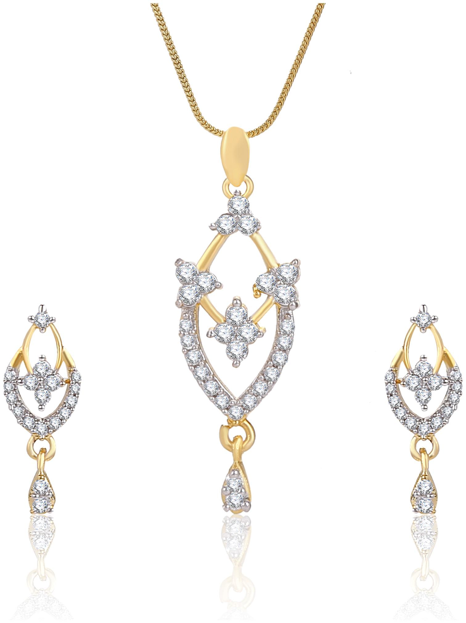 

Creation Plaisir Gold Plated Cz Stone Pendant With Chain And Earrings Set For Women And Girls Trendy Imitation Jewellery Designer Pendant Set For Daily Wear Designer Earrings Set For Daily Wear