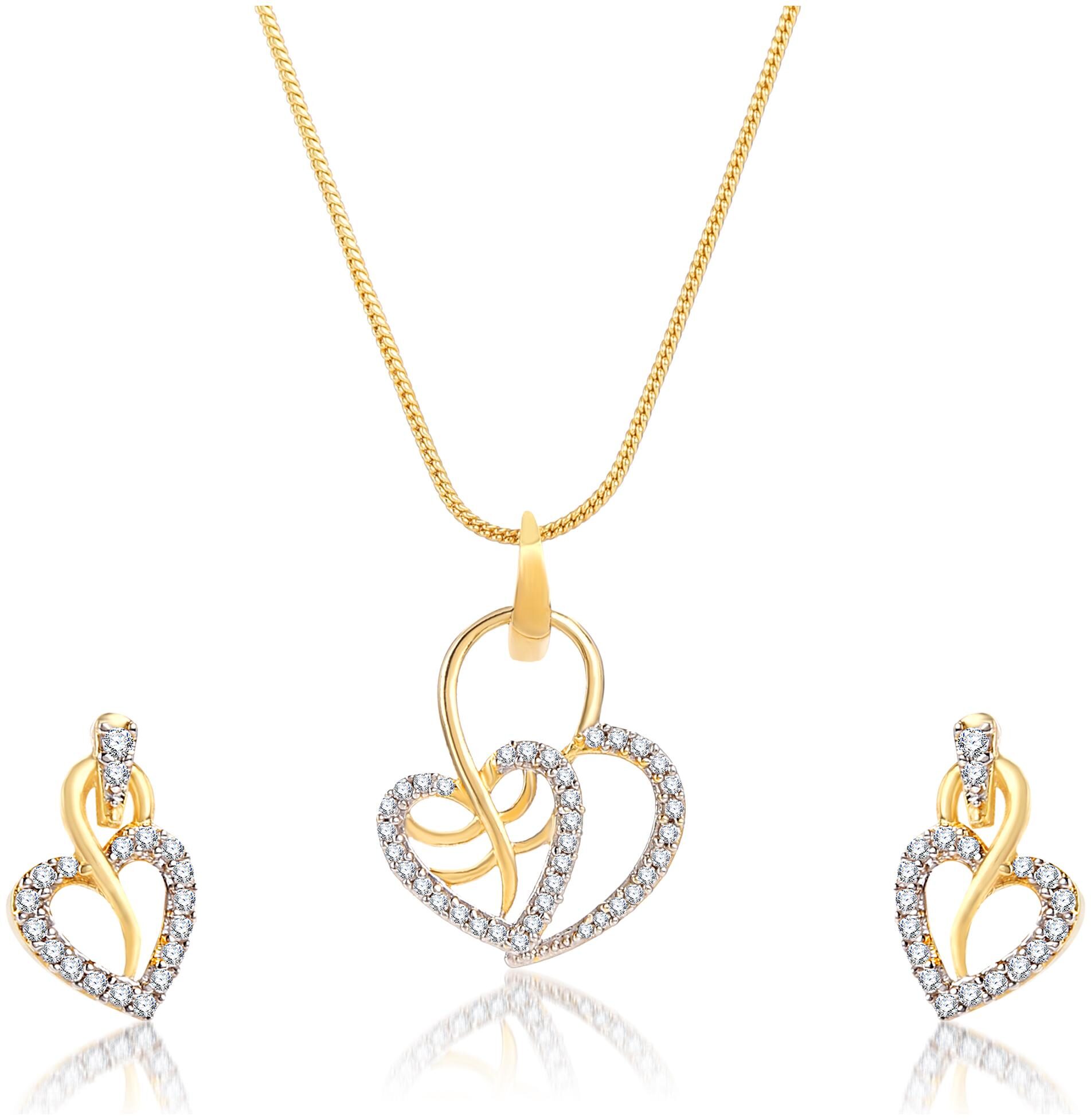

Creation Plaisir Gold Plated Cz Stone Pendant With Chain And Earrings Set For Women And Girls Trendy Imitation Jewellery Designer Pendant Set For Daily Wear Designer Earrings Set For Daily Wear