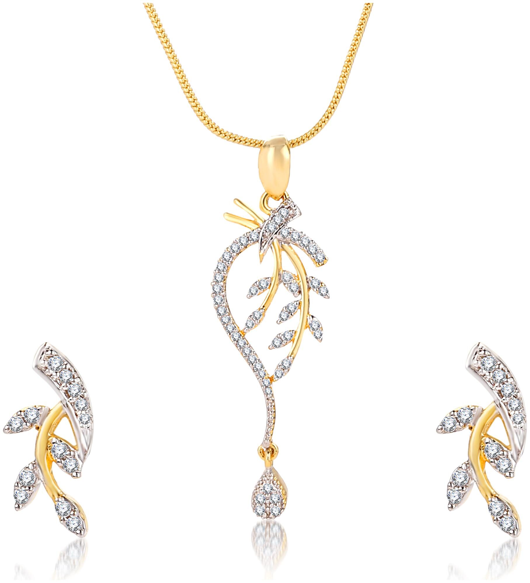 

Creation Plaisir Gold Plated Cz Stone Pendant With Chain And Earrings Set For Women And Girls Trendy Imitation Jewellery Designer Pendant Set For Daily Wear Designer Earrings Set For Daily Wear
