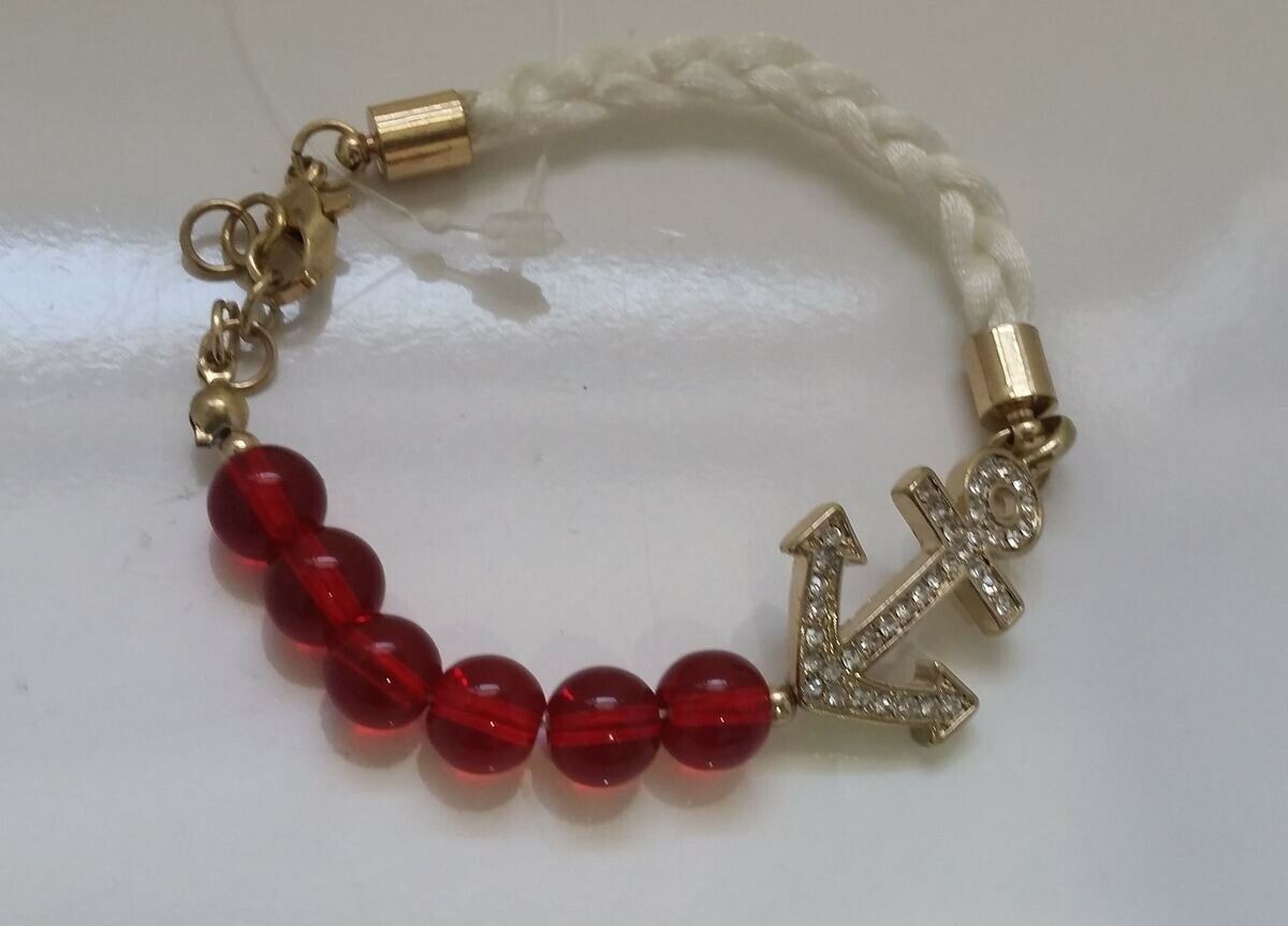 

crystal Gold-tone Metal ANCHOR Red beads White braid cord Bracelet N4-7 22