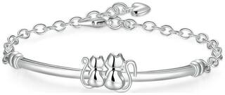 Cute Cat Couple Sterling Silver Bracelet For Women & Girls